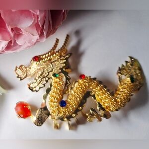 Vintage 80s Gorgeous Gold Tone Chinese Dragon Brooch/Pendant